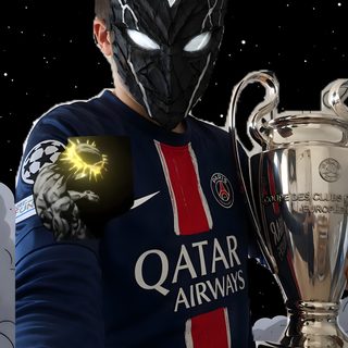 a man wearing a mask and holding a trophy in front of the sky with clouds Football Halloween Psg black