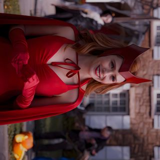 a woman in a red dress is posing for the camera Halloween Wanda Scarlet Witch Desktop, Scarlet Witch 4k Pc, Wanda Desktop, Scarlet Witch Pc, dark slate gray