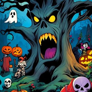 a halloween tree with pumpkins and ghost faces Halloween Cartoon Halloween Cartoons, Cartoon Halloween, Halloween Cartoon, dark slate gray