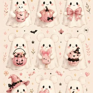 a bunch of white teddy bears with pink bows and pumpkins on their heads, all in different shapes and sizes Pastel Pastel Cute Pink Halloween antique white