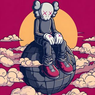 a drawing of a person sitting on top of a ball in the sky with clouds Halloween Kaws Kaws Iphone, brown