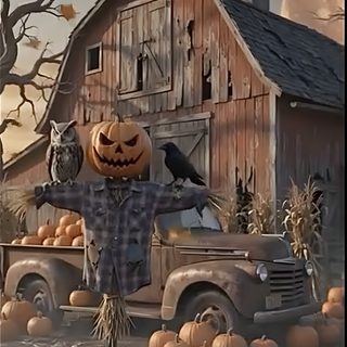 a scarecrow standing on top of a truck in front of a barn with pumpkins Halloween Farm dark olive green