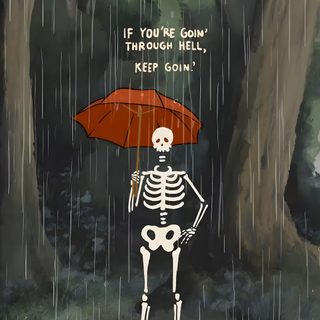 a skeleton holding an umbrella standing in the rain with a quote above it that says if you're gon through hell, keep grim Cute Halloween Skeleton Moving Animation, 1924 Reels, Under The Circumstances Animation, dark slate gray