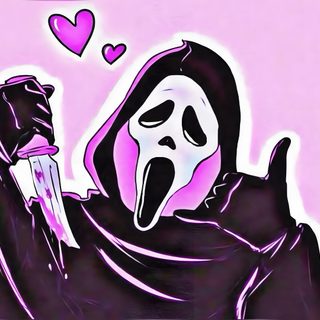 a drawing of a ghost with a knife in his hand and hearts flying above it Pink Halloween Ghostface Scream Laptop, Ghost Face Aesthetic Computer, Pink Ghost Face Aesthetic, thistle