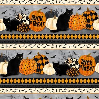 a group of black cats sitting on top of pumpkins Halloween Cat Stripes Halloween Cat Fabric Patterns, Halloween Black Cat Pillow, Halloween Black Cat Quilt Fabric, sienna