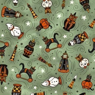 an image of halloween cats and pumpkins on green background for fabric or wallpaper Johanna Parker Halloween Retro Halloween Fabric Inspiration, Spooky Holiday Fabric Print, Green Halloween Fabric, gray