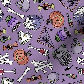 a purple background with lots of halloween items Halloween Jumble -faded Purple Pastel Skull Fabric Design, Y2k Halloween Seamless Pattern, Purple Halloween Dessert Pattern, light slate gray
