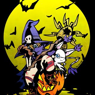 an image of halloween scene with pumpkins and witches Digimon Halloween Sailor Moon Character, Anime Shirt, Pet Toys, Pokémon, Digimon Digital Monsters, black