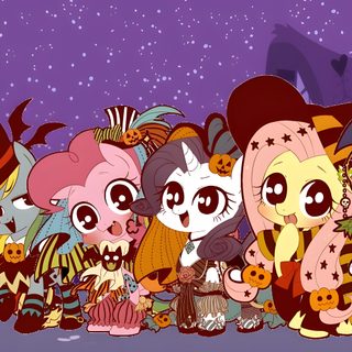 many cartoon characters are standing together in front of a purple background Halloween Pony Halloween Fluttershy, My Little Pony Characters Halloween, Mlp Halloween, dim gray