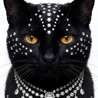 a black cat with gold eyes and jewelry Black Cat Diamonds For Halloween In Cat Photo, Black Cat, Crystals,