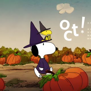 a cartoon dog wearing a witches hat standing in front of pumpkins Snoopy Halloween Chromebook Snoopy Fall Desktop, October Desktop, Snoopy Halloween Computer, gray