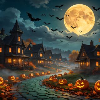halloween scene with pumpkins and full moon Halloween Village 4k dark slate gray