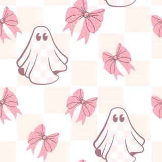 a pattern with pink bows and ghost heads on checkerboard background in pastel colors Halloween Bow Pink Halloween, Autumn Phone, October, Iphone Preppy, Halloween Iphone Backgrounds, seashell