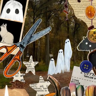 a collage of halloween images with candles, scissors and other items in the background Halloween Junk Halloween Collage Art, Halloween Scrapbook, Middle Grade Books, Collage, dark olive green