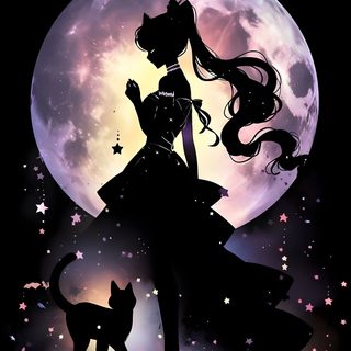 the silhouette of a girl and her cat in front of a full moon with stars Sailor Moon Halloween Sailor Moon And Luna, Luna Sailor Moon Crystal, Aesthetic Sailor Moon Luna, black