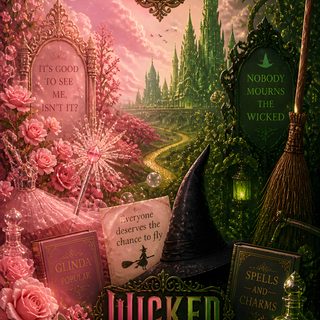 the wizard's hat and other items are on display in this poster, which features pink flowers Wicked Halloween Musicals Broadway, Wicked Background, Wicked Printable, Wicked Poster, Wicked, saddle brown