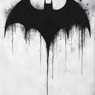 a black and white photo of a bat with dripping paint on it's side Batman Halloween Aesthetic Devil Drawing, Batman Tattoo Face, Batman Drawing Print, Logo Batman, gainsboro