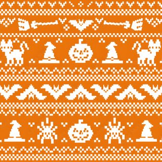 an orange and white knitted pattern with christmas trees, snowflakes, and reindeers Halloween Fair Isle Halloween Sweater, Witch Hat, Ugly Sweater, Knitting Designs, Bat, Being Ugly, chocolate