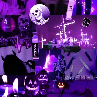 purple and black halloween collage with skulls, jack - o'- lanternes, candles Purple Edgy Aesthetic Halloween Halloween Party Decoration Ideas, Halloween Themed Decor, Purple Halloween Collage, indigo