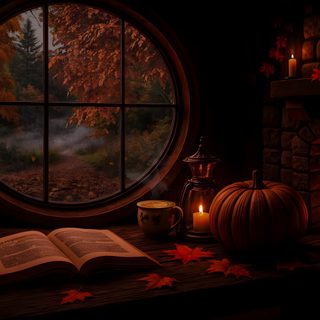 an open book sitting on top of a table next to a fire place and a window Windows 11 Halloween black