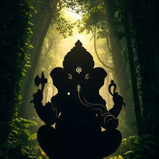 an elephant statue sitting in the middle of a forest filled with trees and bushes, surrounded by sunlight beams Ganesh Halloween Ganesha Silhouette, Black Ganesha, Elephant In Mystical Forest, Dark Ganesha,