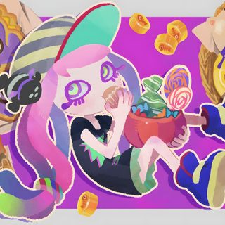 an image of some cartoon characters with candy and candies in front of them on a purple background Splatoon Halloween Kiriko Skins, Splatoon Harmony, Harmony Splatoon Official Art, rosy brown