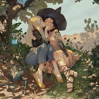 a painting of two people sitting on a tree branch in the woods, one is kissing the other's head Sapphic Halloween Lesbian Art, Art And Illustration, Lgbt Art, Koi, Art Reference, Gay Art, dim gray