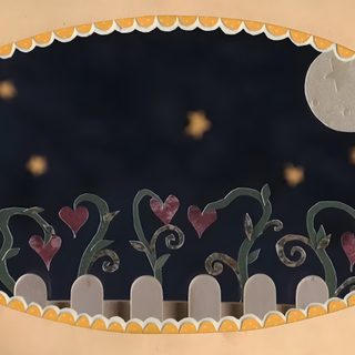 an image of a window decorated with hearts and moon in the night sky above cemetery tombstones Halloween Olivia Rodrigo Mac, Everything And Nothing, Desktop Pictures, Laptop, dark olive green