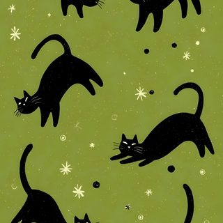 black cats on green background with snowflakes and stars in the sky, all looking at each other Halloween Black Cat Green Fondos De Pantalla Para Ipad, Phone Patterns, Cute Patterns, Cat, olive drab