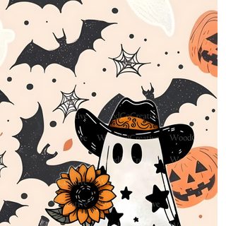 a halloween card with a scarecrow wearing a hat and holding a sunflower in front of bats Halloween Iphone 13 Autumn Halloween Decor, Cute Halloween Ghost With Sunflower, Diy Halloween Decorations, antique white