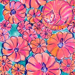 a painting of orange flowers with a cat in the middle Lilly Pulitzer Halloween Lilly Pulitzer Halloween, Lilly Pulitzer Illustration, Lilly Pulitzer Palm Tree Print, light coral