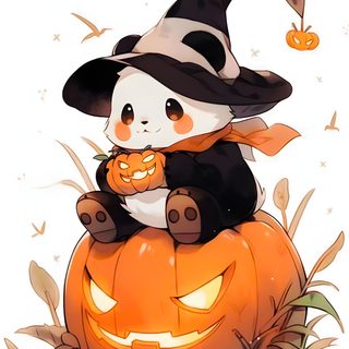 a panda bear sitting on top of a pumpkin Halloween Panda Halloween Panda Drawing, Panda Ghost, Cute Panda Pfp, Cute Halloween Panda, light pink