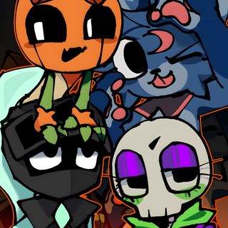 an image of three cartoon cats with pumpkins on their heads and one cat wearing a skeleton costume Dandys World Halloween Toons Halloween Toons Fanart, Dw Fan Art, Halloween Toons, dark slate gray