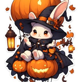 a cat sitting on top of a pile of pumpkins wearing a witch hat and holding a lantern Halloween Bunny light salmon