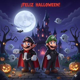 two mario and luigi in front of a halloween castle Halloween Mario Mario Et Luigi Halloween, Mario And Luigi Haunted Mansion, Halloween Mario, dark slate gray