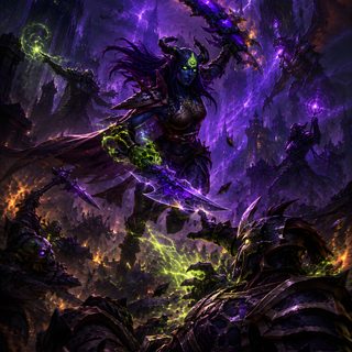 an image of a demonic creature in the middle of a forest with purple and green lights World Of Warcraft Halloween black