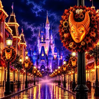 the magic kingdom castle is lit up at night with lights and decorations in front of it Disney Castle Halloween dark slate gray