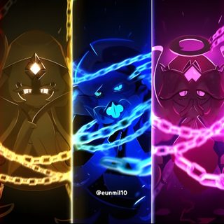four different colored anime wallpapers with chains and glowing eyes on them, all in the same color Crk Halloween Crk Loading Screen Art, Cookie Run Kingdom Pc, Crk Discord Banner, The Virtues Crk, black