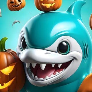 an image of a shark with pumpkins on his head and other fish around him Baby Shark Halloween dark cyan