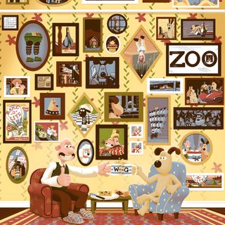the simpsons family is sitting in their living room with pictures on the wall behind them Wallace And Gromit Halloween Background Wallace And Gromit House, Wallace And Gromit Poster, Aardman Fanart, dark khaki
