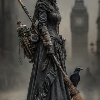 a woman dressed as a witch with a broom in her hand and a bird on her shoulder Halloween Steampunk Wicked Steampunk, Steampunk Scarecrow, Steampunk Ghost, dark slate gray