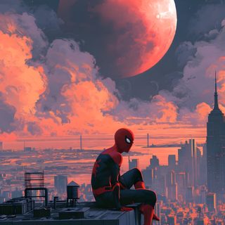 a man sitting on top of a tall building next to a giant red ball in the sky Spiderman Halloween 4k Iphone dark slate gray