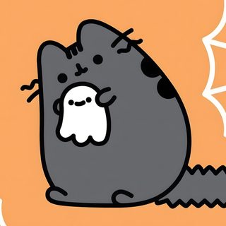 a cartoon cat with a ghost face on it's chest sitting in front of a spider web Desktop Pusheen Halloween Scaredy Cat Pusheen, Halloween Pusheen Ghost, Pusheen Fall Pfp, sandy brown
