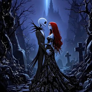 a couple dressed up as jack and sally in front of a cemetery with the moon behind them Halloween Jack And Sally Nightmare Before Christmas Pictures, Sally Nightmare, Sally Nightmare Before Christmas, midnight blue
