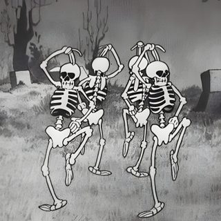 two skeletons dancing in the middle of a field Halloween Dancing Skeleton Spooky Scary Skeleton Dance Gif, Spooky Skeleton Dance Gif, Creeping Skeleton Gif, gray