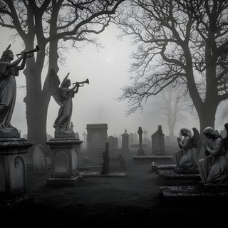 black and white photo of cemetery with angel statues in the foreground, foggy graveyard Gothic Halloween All Gray Grey By Angel Cemeteries Photography, Gothic Statue, Twisted Tree,