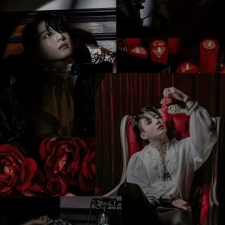 the collage shows two people sitting in chairs Jungkook Halloween Bts Vampire Group Photo, Jungkook Halloween, Vampire Jungkook, black