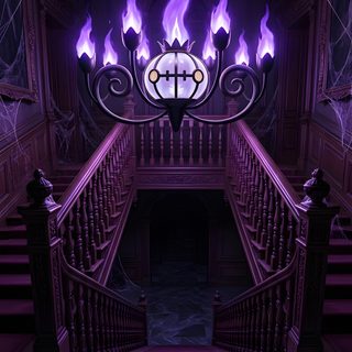 the stairs are lit up with purple flames Halloween Chandelier Chandelure Art, Haunted Pokemon, Pokemon Chandelure, Ghost Pokemon, Purple Flame, black