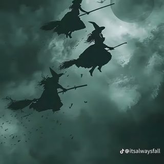 three witches riding on brooms in the sky Halloween Season Of The Witch dark slate gray