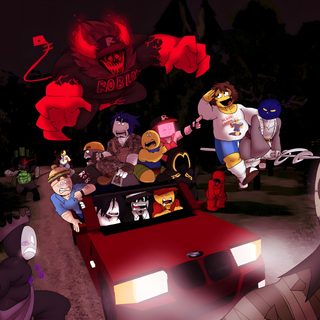 cartoon characters are riding in the back of a red car with an evil man on it Forsaken Halloween Zoo Wee Mama, Forsaken Halloween, Forsaken All Characters, Forsaken Art, black
